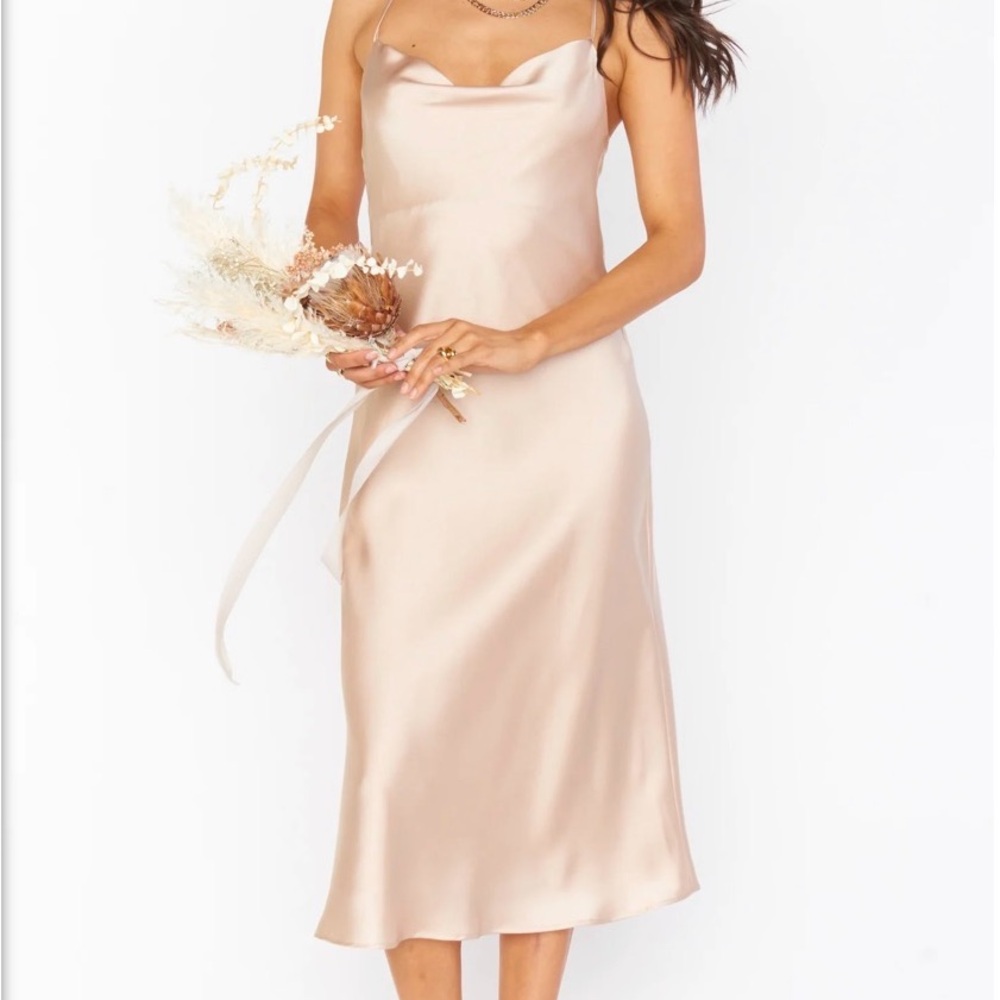 Verona Cowl Champagne Luxe satin midi dress by Show me your mumu